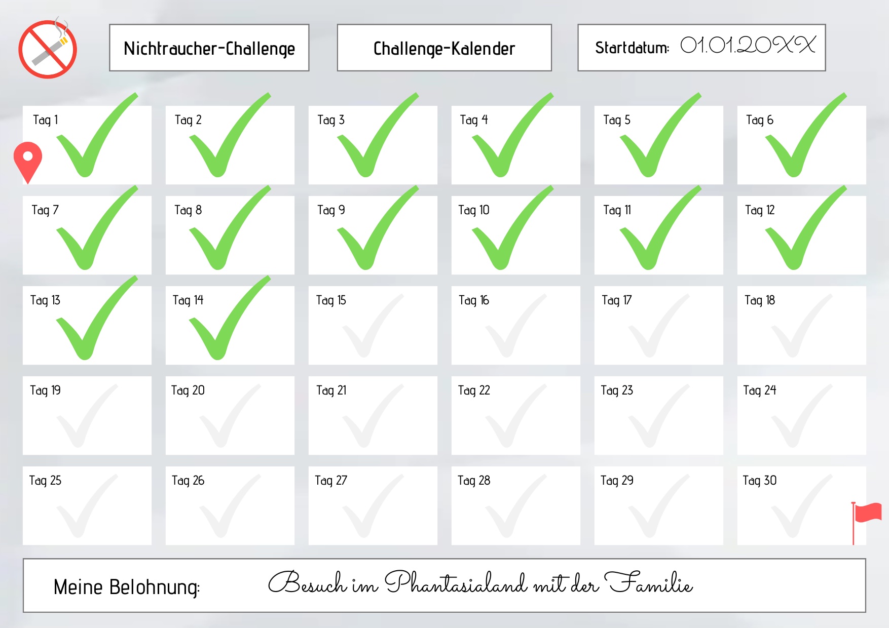 Challenge-Kalender der Nichtraucher-Challenge mit 30 Tagesfeldern, 14 davon abgehakt