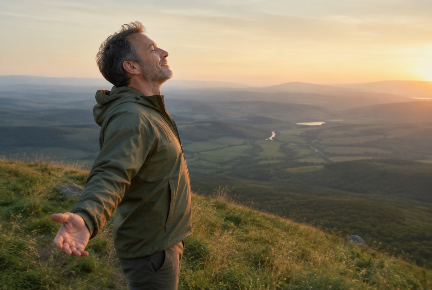 Mann steht bei Sonnenaufgang auf einem Hügel und hebt erleichtert die Arme