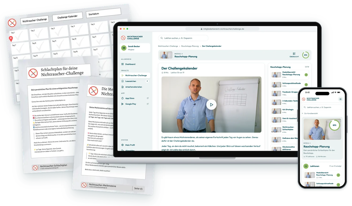 Die Nichtraucher-Challenge: Mitgliederbereich auf Laptop und Smartphone, dazu Schlachtplan, Meilensteine und Challenge-Kalender
