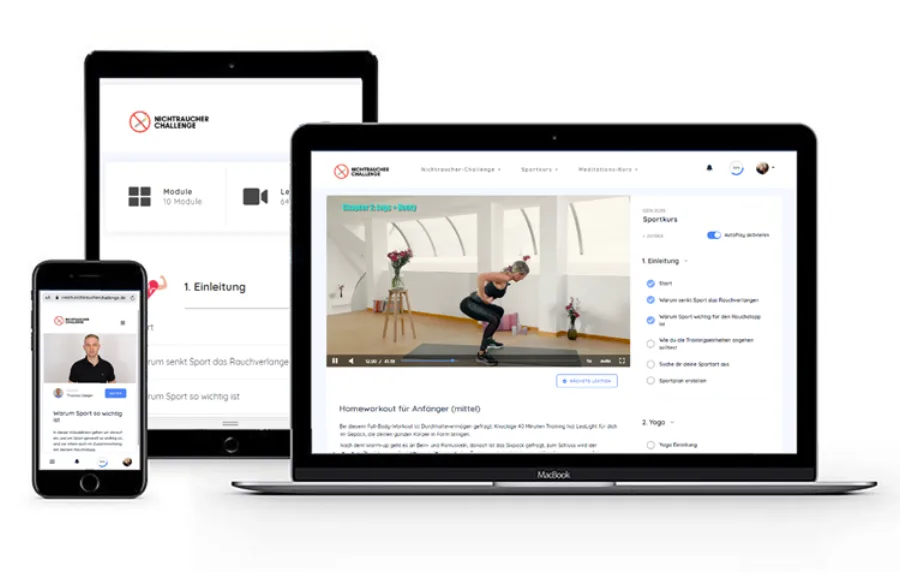 Der Sportkurs der Nichtraucher-Challenge auf Laptop, Tablet und Smartphone