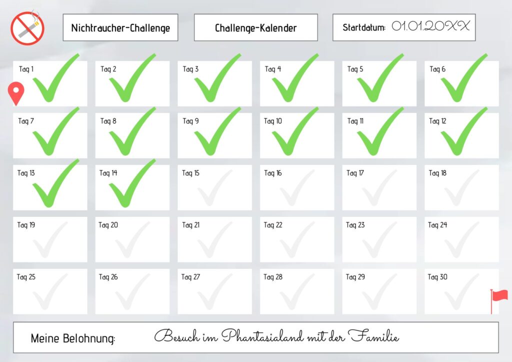 Vorlage eines Challenge-Kalenders für die Nichtraucher-Challenge mit 30 Tagen und markierten rauchfreien Tagen sowie Belohnungsfeld