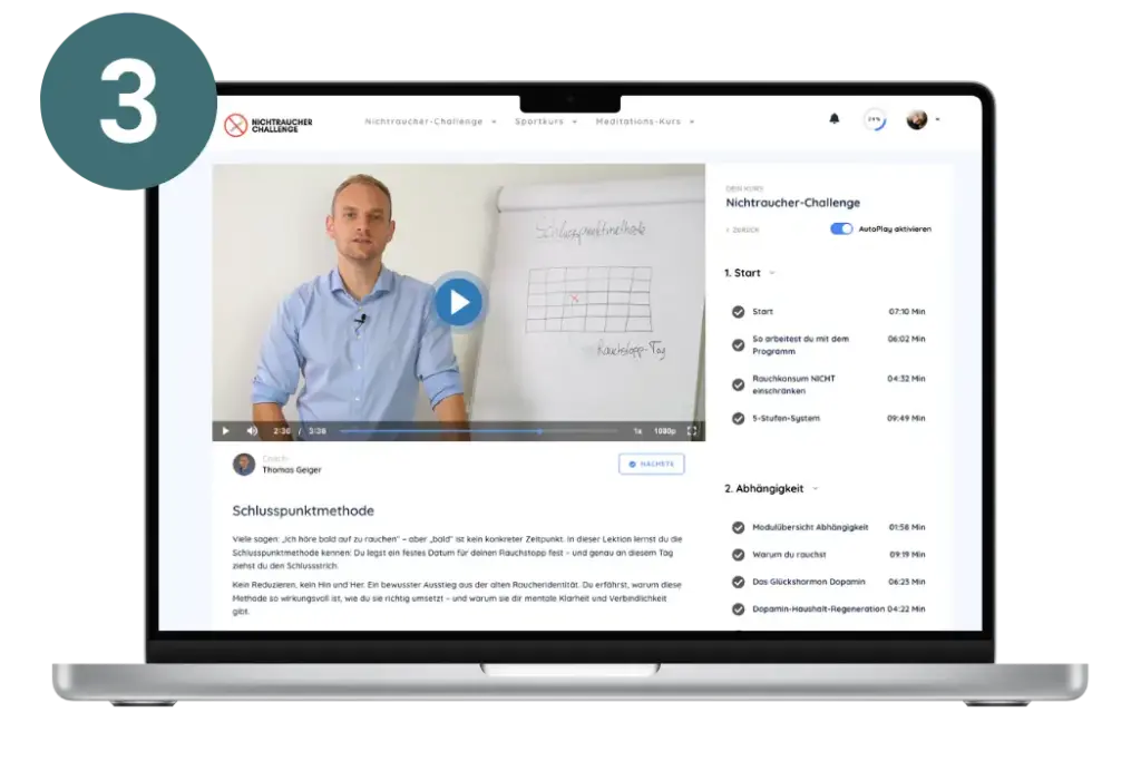 Login und Einblick in den Mitgliederbereich der Nichtraucher-Challenge mit strukturiertem Kurs für Rauchstopp und nachhaltige Rauchentwöhnung