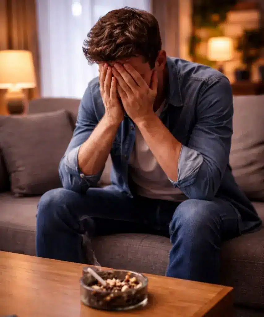 Verzweifelter Raucher sitzt auf dem Sofa und schafft es nicht, mit dem Rauchen aufzuhören