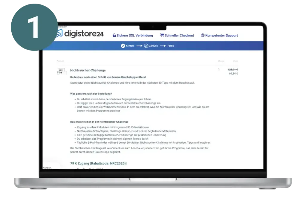 Sichere Bestellung der Nichtraucher-Challenge über Digistore24 für einen strukturierten Rauchstopp und erfolgreiche Rauchentwöhnung