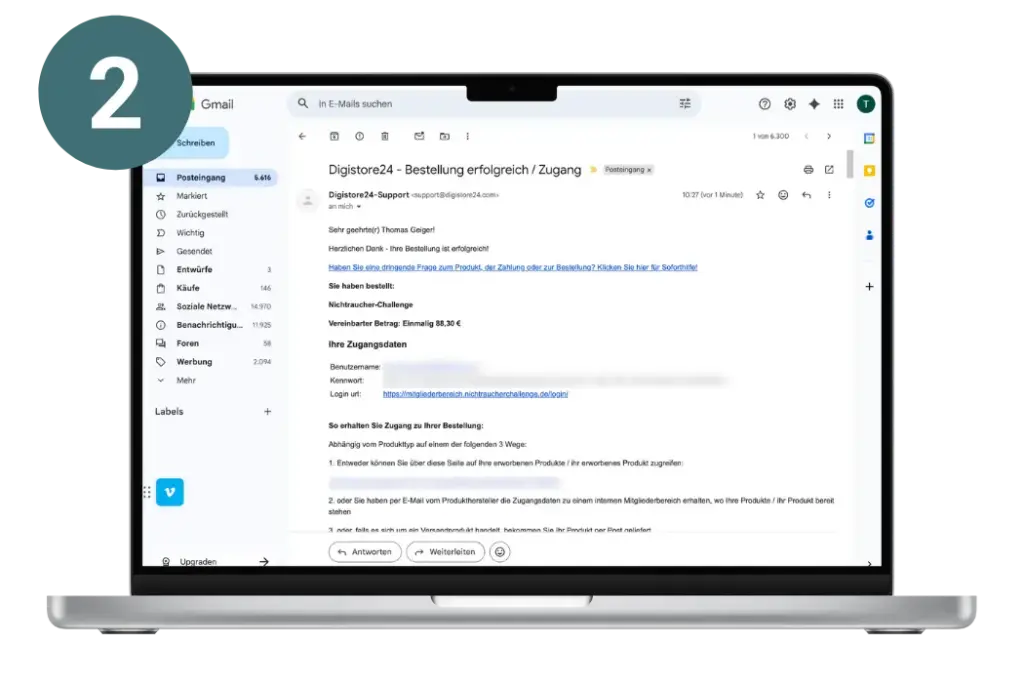 E-Mail mit Zugangsdaten zur Nichtraucher-Challenge nach der Bestellung für einen strukturierten Rauchstopp und erfolgreiche Rauchentwöhnung