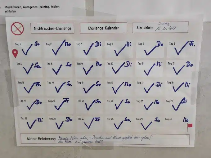 Nichtraucher Challenge Kalender mit abgehakten Tagen – 30 Tage rauchfrei nach 41 Jahren Rauchen Erfahrungsbericht Ulla