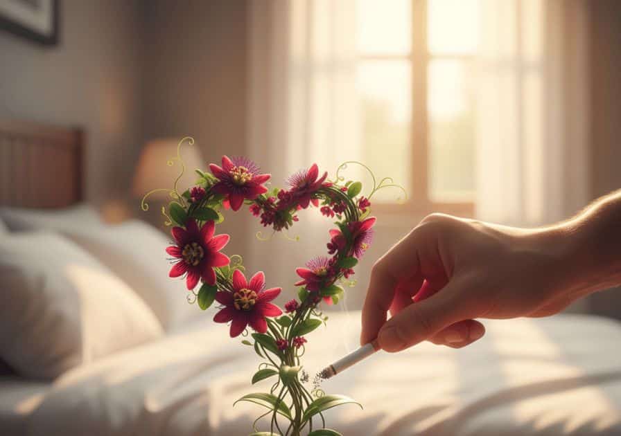Hand legt eine Zigarette ab, daneben ein Herz aus Blumen – Symbol dafür, wie sich Potenz und Sexualität nach dem Rauchstopp verbessern können.