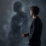 Rauchender Mann betrachtet eine aus Zigarettenrauch geformte Silhouette als Symbol für Nikotinabhängigkeit und Rauchgewohnheiten.