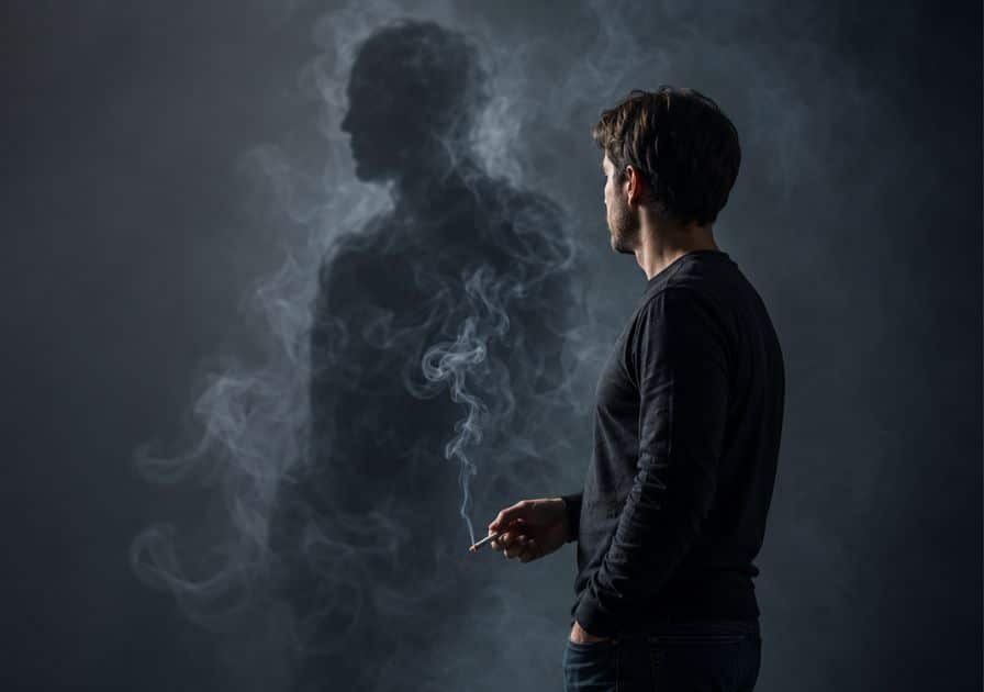 Rauchender Mann betrachtet eine aus Zigarettenrauch geformte Silhouette als Symbol für Nikotinabhängigkeit und Rauchgewohnheiten.