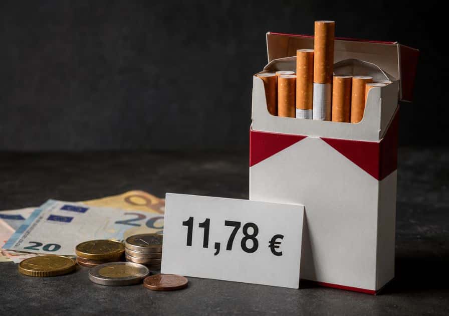 Geöffnete Zigarettenpackung neben Euro-Scheinen, Münzen und einem Preisschild mit 11,78 Euro
