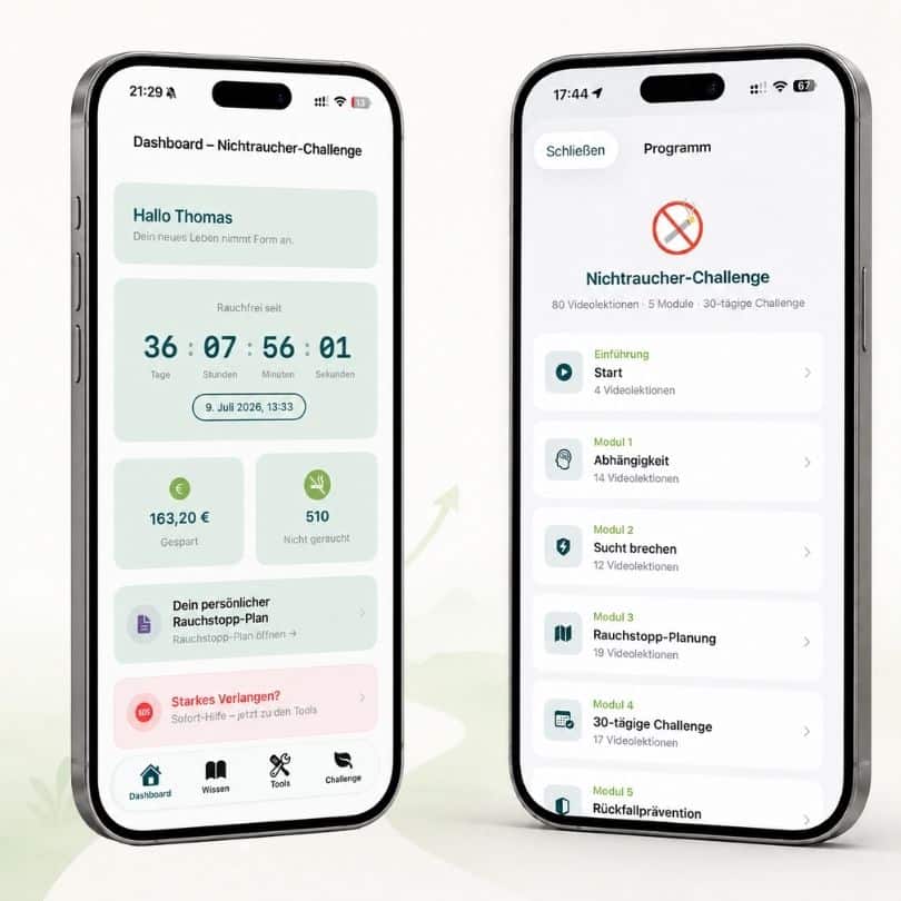 Nichtraucher-Challenge App mit Rauchfrei-Tracker, Rauchstopp-Plan und dem digitalen Rauchstopp-Programm auf zwei Smartphones.